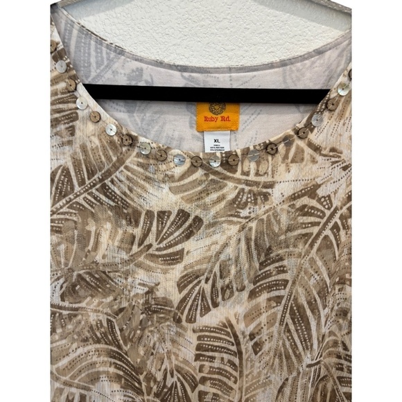 Ruby Rd Sheer Kimono Sleeve Sheer Overlay Tropical Brown White Top Size XL - Picture 5 of 5